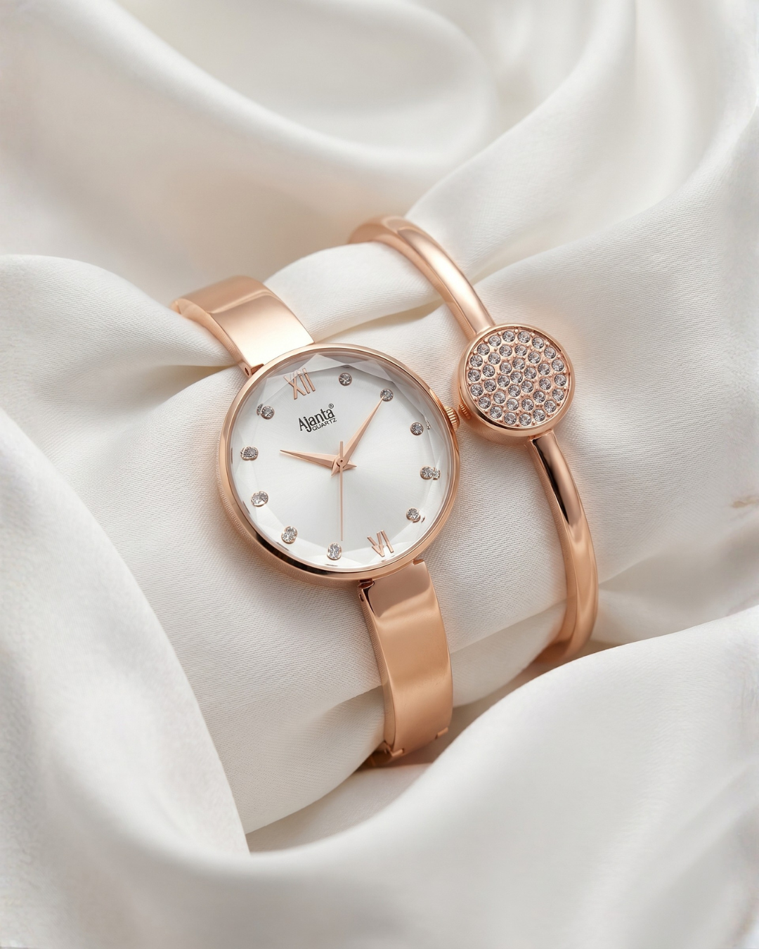 Veloura Silver Dial Rose Gold-Tone Watch & Bracelet Set for Women