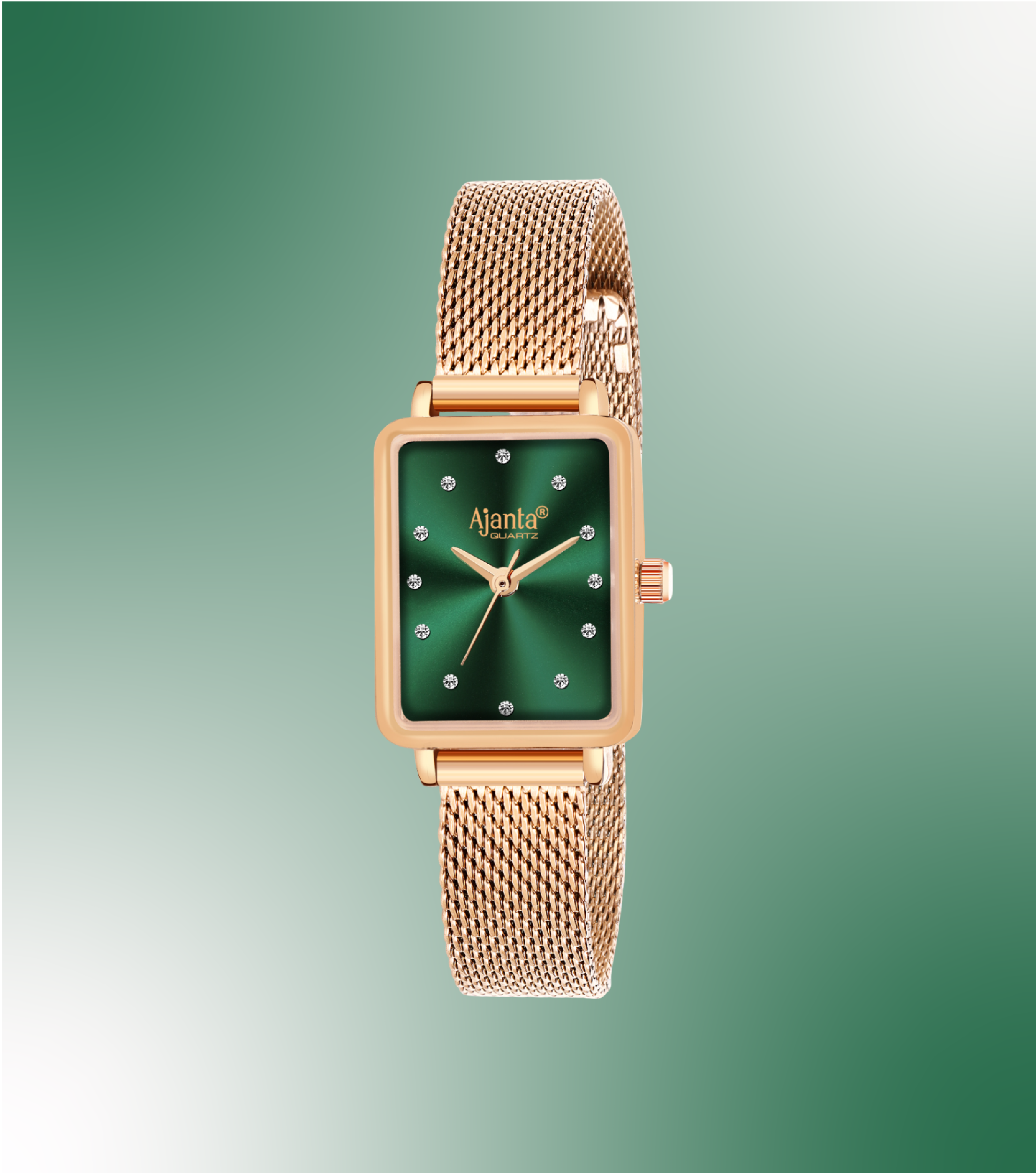 Ajanta Rose Gold Women's Square Analog Watch  — Premium Green Dial Stylish Mesh Strap Ladies Wrist Watch| AWC128ESL/3