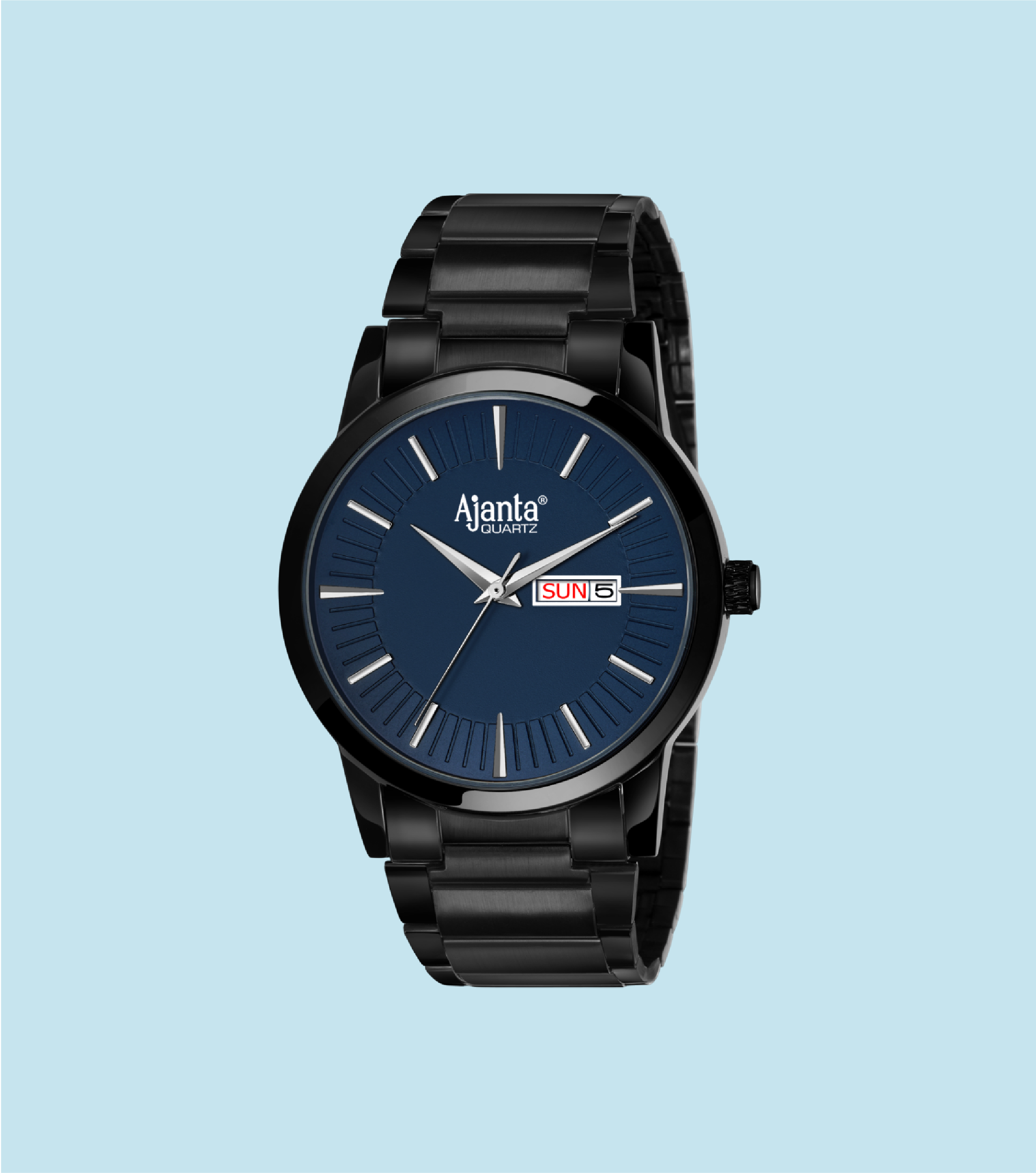 Ajanta Classic Men’s Analog Watch – Black Stainless Steel Day Date Blue Dial Stylish Wrist Watch | AWC502-2ISG/BS/B/BL