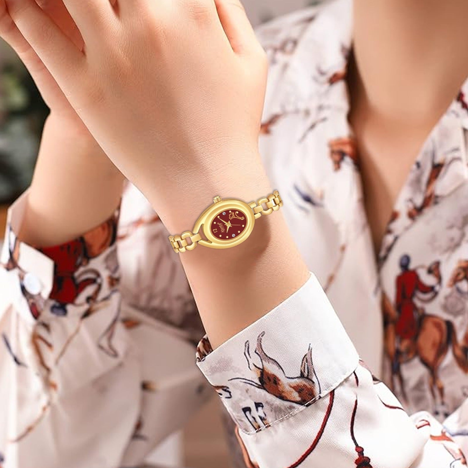 Ajanta Quartz Gold Women's Watch with Maroon  Dial  — Elegant Chain Strap, Stylish Ladies Wrist| AWC409/5