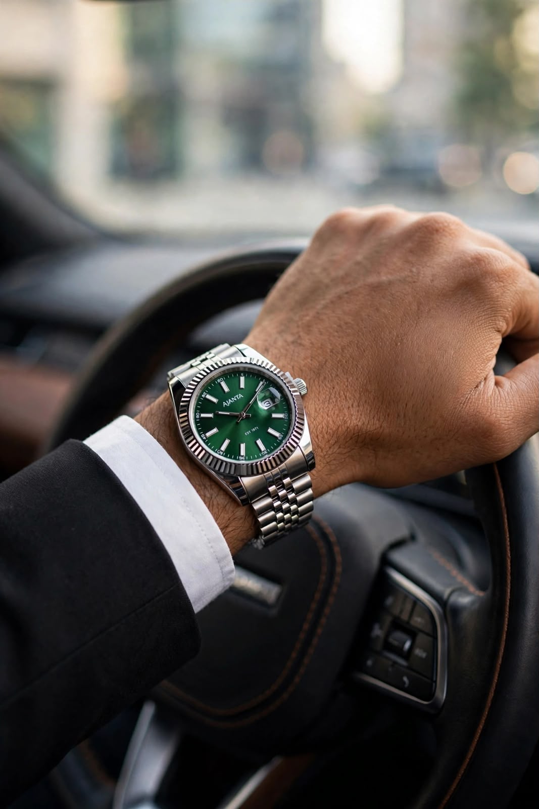 Monaco Silver Green Dial Stainless Steel Day-Date Watch