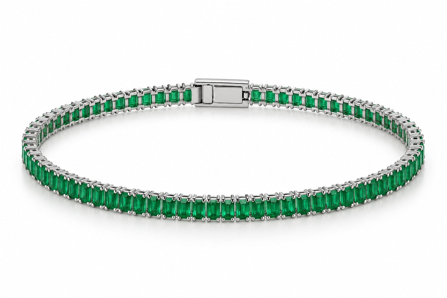 Emerald Green Baguette Tennis Bracelet for Women – Silver Tone | Anti-Tarnish Stainless Steel