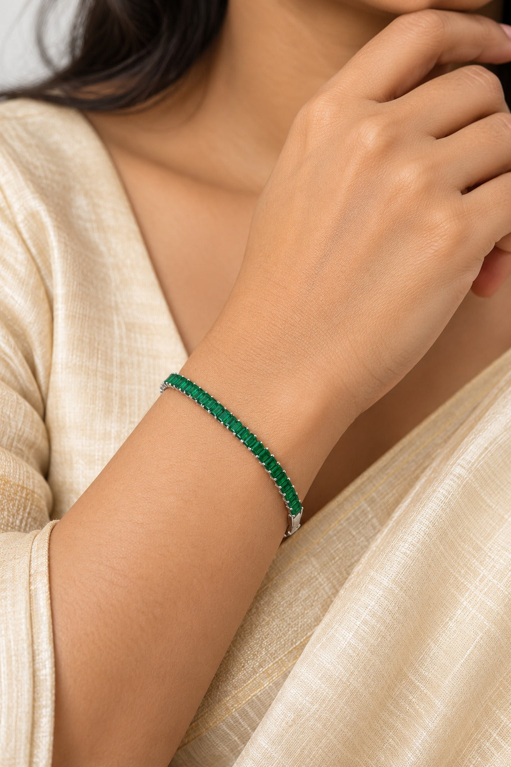 Emerald Green Baguette Tennis Bracelet for Women – Silver Tone | Anti-Tarnish Stainless Steel