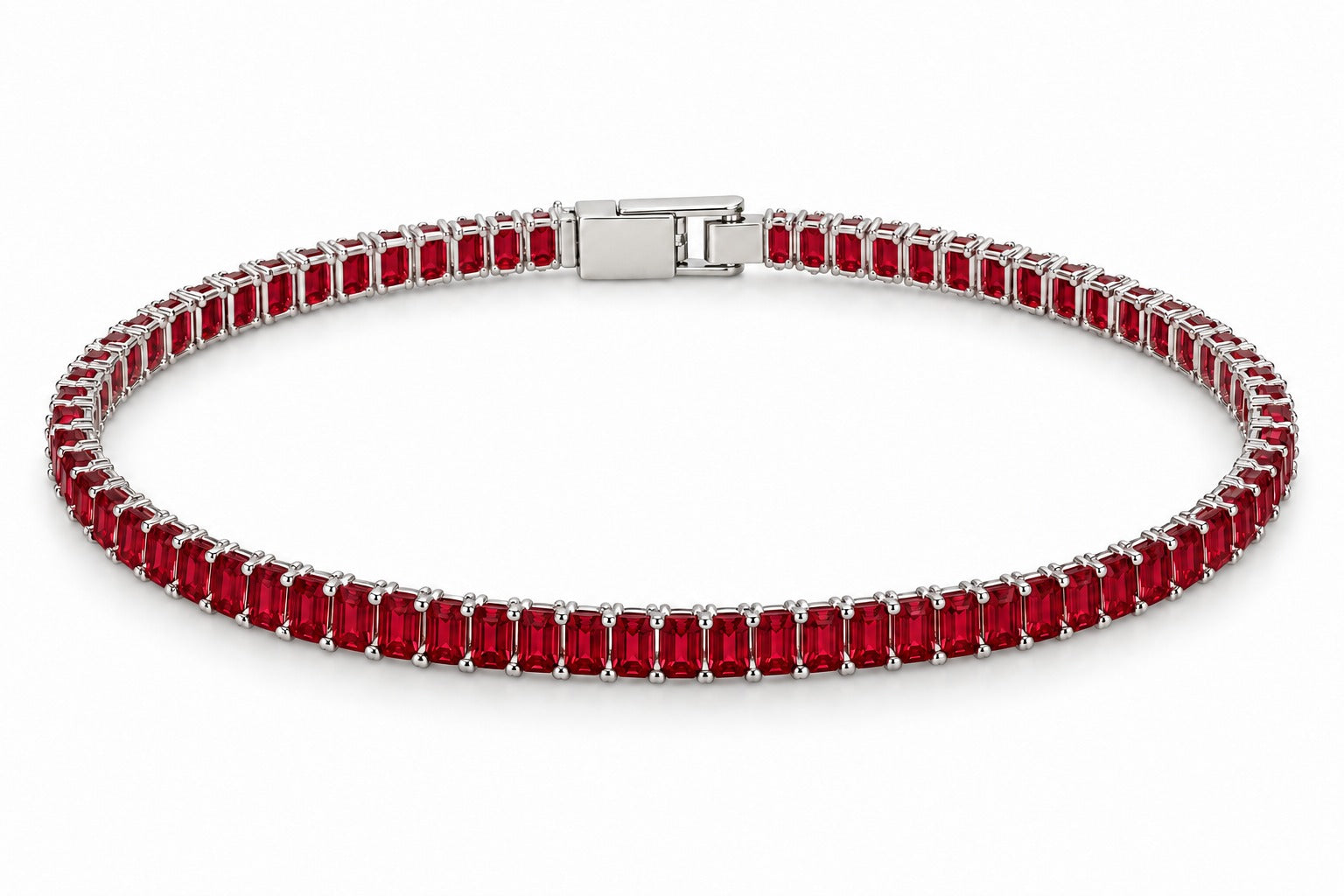 Ruby Red Baguette Tennis Bracelet for Women – Silver Tone | Anti-Tarnish Stainless Steel