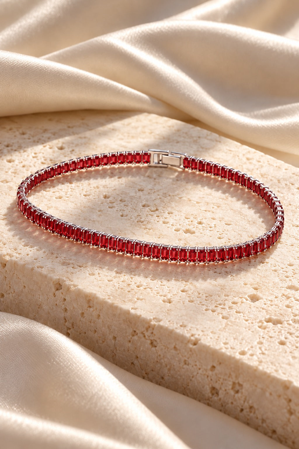 Ruby Red Baguette Tennis Bracelet for Women – Silver Tone | Anti-Tarnish Stainless Steel