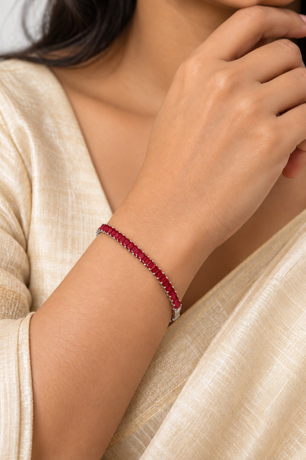Ruby Red Baguette Tennis Bracelet for Women – Silver Tone | Anti-Tarnish Stainless Steel