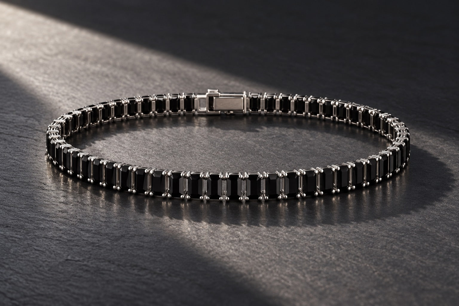 Jet Black Baguette Tennis Bracelet for Men & Women – Silver Tone | Anti-Tarnish Stainless Steel