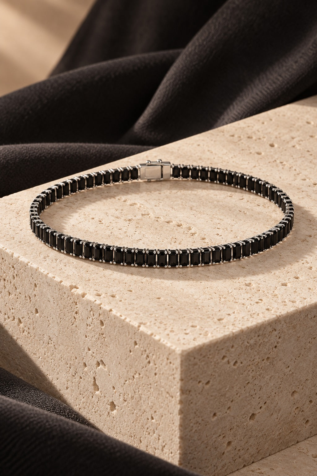 Jet Black Baguette Tennis Bracelet for Men & Women – Silver Tone | Anti-Tarnish Stainless Steel