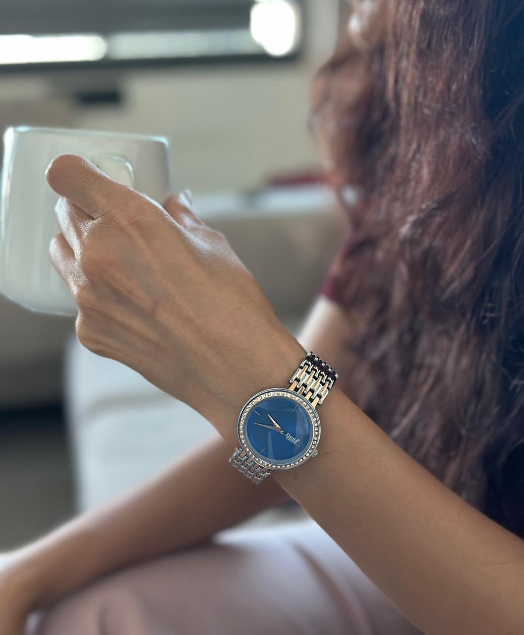 Ajanta Rose Gold Women’s Analog Watch – Premium Crystal Bezel Stylish Blue Dial Elegant Ladies Wrist Watch | AWC125ESL/1