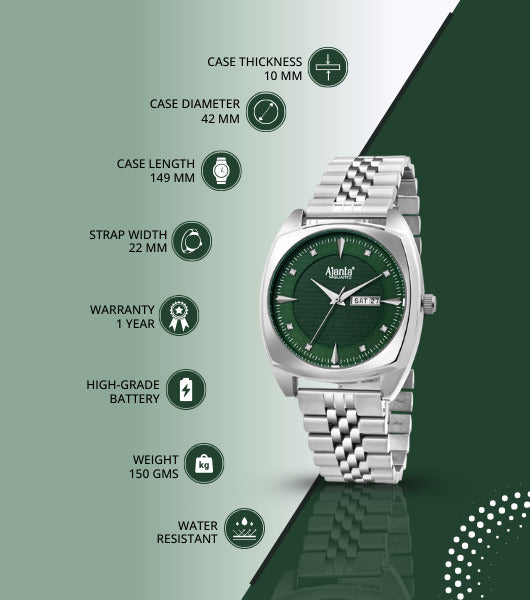 Ajanta Quartz Green Dial Silver Analog Watch for Men – Stainless Steel Strap with Day & Date Display | AWC132ESG/3