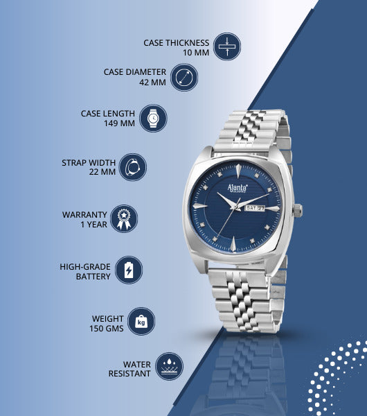 Ajanta Quartz Blue Dial Silver Analog Watch for Men – Stainless Steel Strap with Day & Date Display | AWC132ESG/4