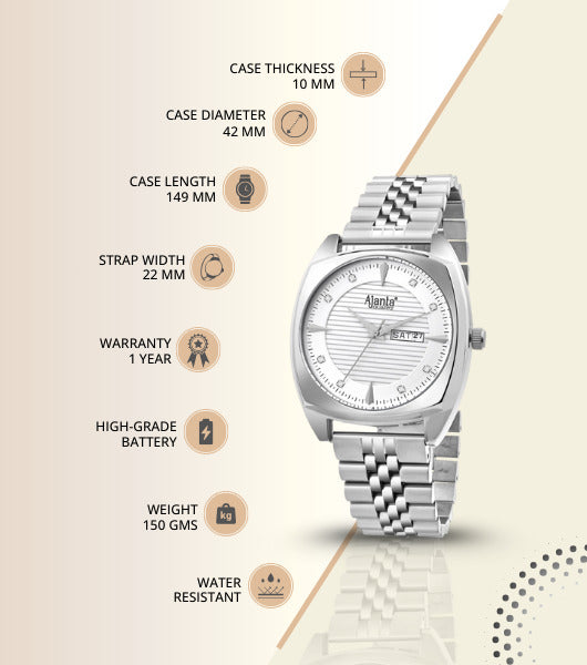 Ajanta Quartz Silver Analog Watch for Men – Stainless Steel Strap with Day & Date Display | AWC132ESG/1