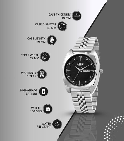Ajanta Quartz Black Dial Silver Analog Watch for Men – Stainless Steel Strap with Day & Date Display | AWC132ESG/2