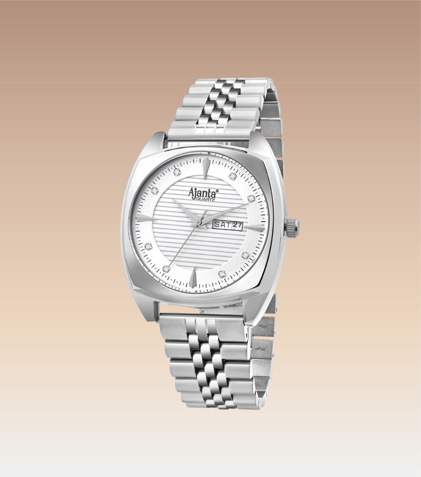 Ajanta Quartz Silver Analog Watch for Men – Stainless Steel Strap with Day & Date Display | AWC132ESG/1