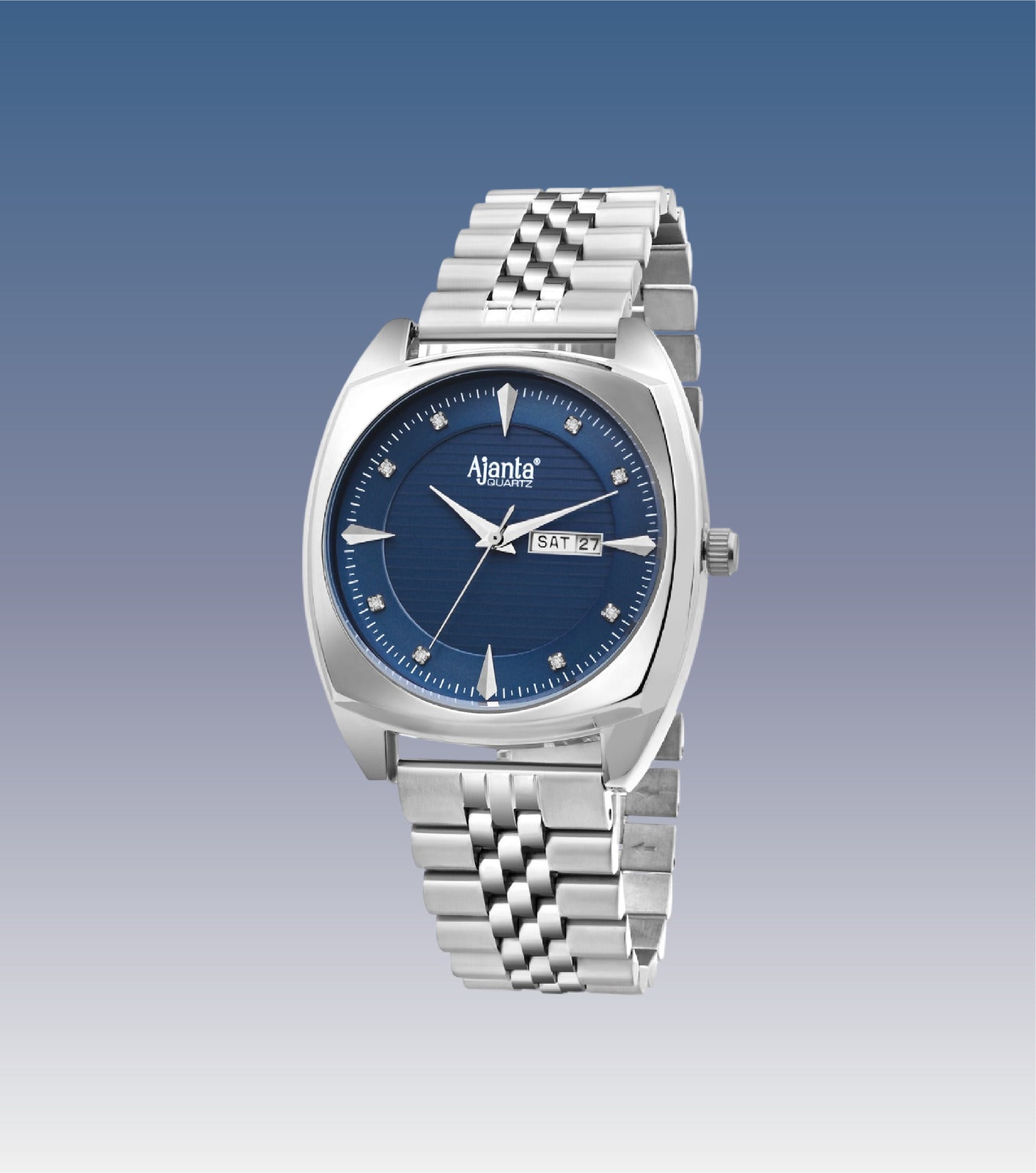 Ajanta Quartz Blue Dial Silver Analog Watch for Men – Stainless Steel Strap with Day & Date Display | AWC132ESG/4