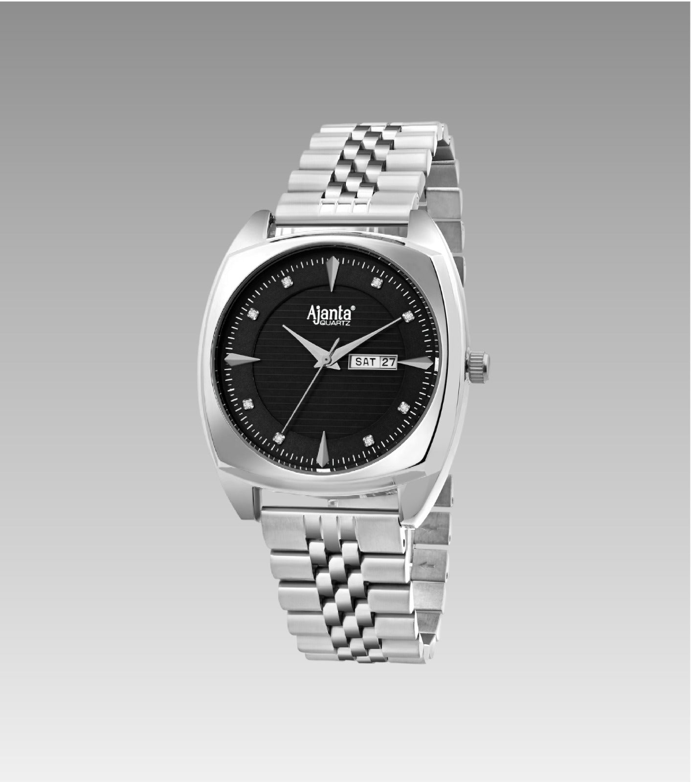 Ajanta Quartz Black Dial Silver Analog Watch for Men – Stainless Steel Strap with Day & Date Display | AWC132ESG/2
