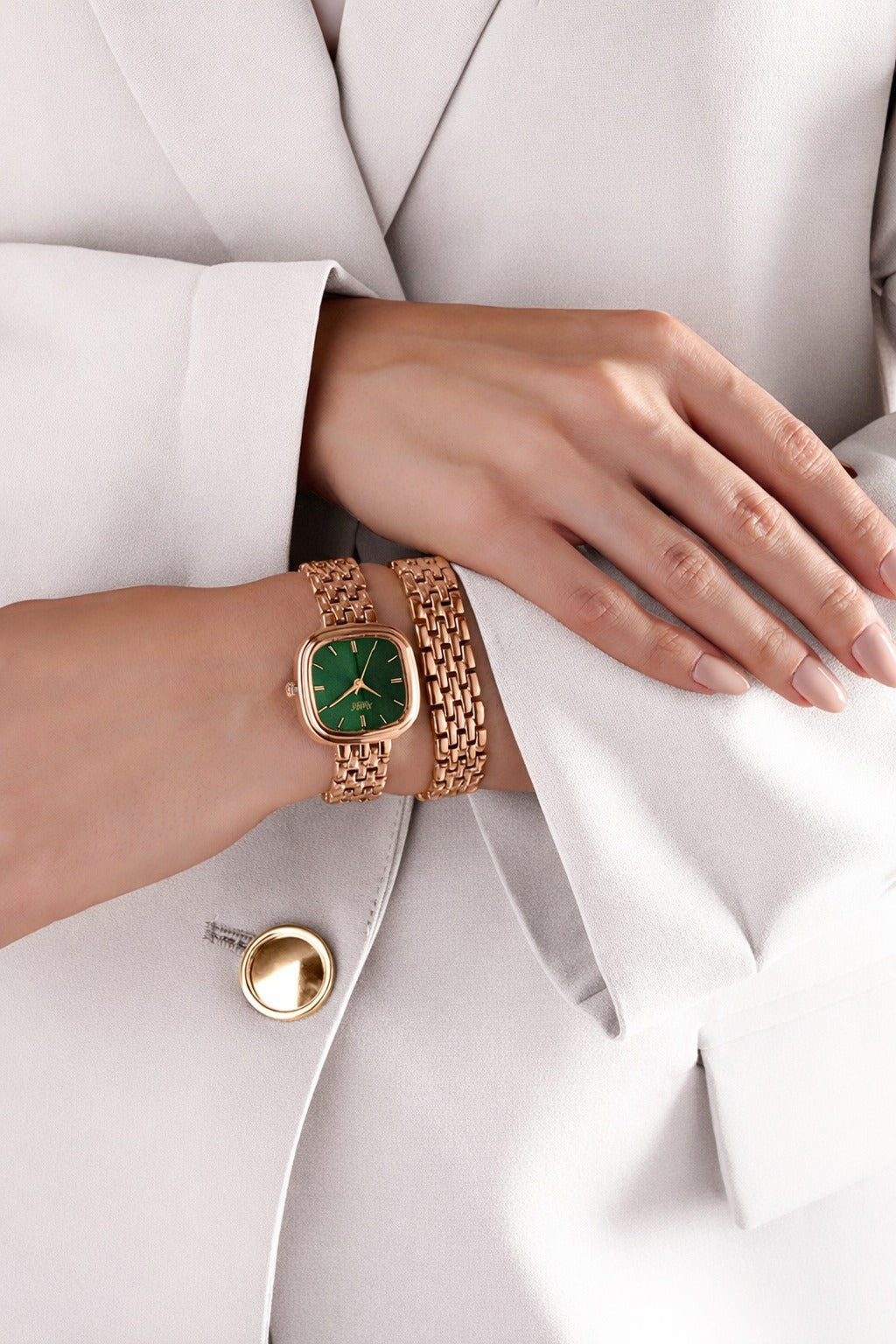 Ajanta Quartz Rose Gold Women's Analog Watch  — Green Dial, Premium Metal Bracelet Strap, Elegant Square Design Wrist Watch | AWC127ESL/3