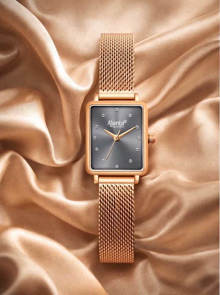 Ajanta Rose Gold Women's Square Analog Watch  — Premium Grey Dial Stylish Mesh Strap Ladies Wrist Watch| AWC128ESL/1