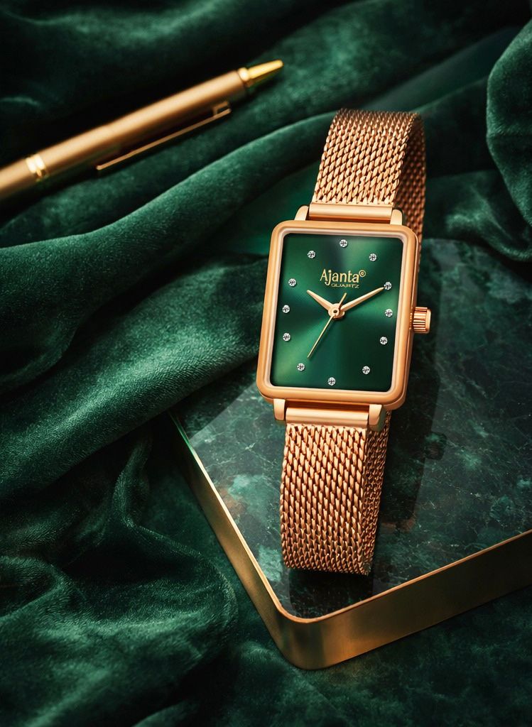 Ajanta Rose Gold Women's Square Analog Watch  — Premium Green Dial Stylish Mesh Strap Ladies Wrist Watch| AWC128ESL/3