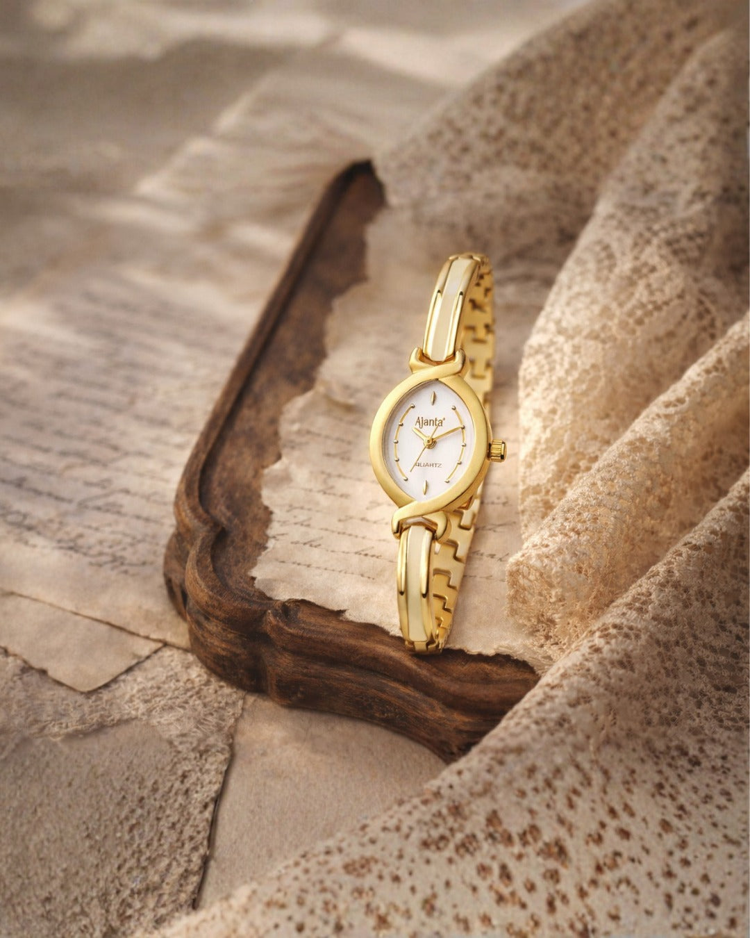 Ajanta Women's Gold Bracelet Watch  — Elegant White Dial Slim Ladies Analog Stylish Wrist Watch| AWC401MRL/1