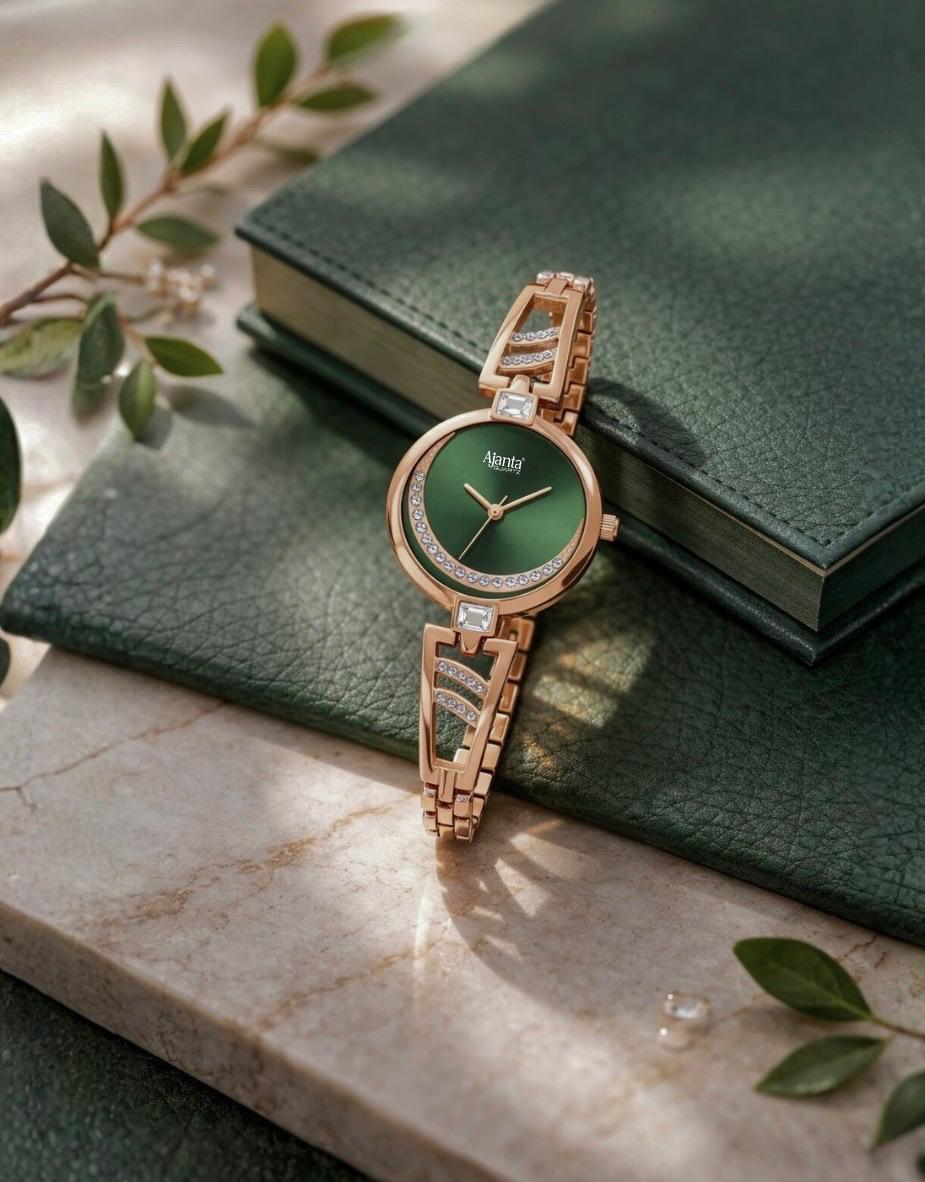 Ajanta Quartz Green Dial Women's Rose-Gold Bracelet Watch with Crystal Accents| AWC121ESL/3