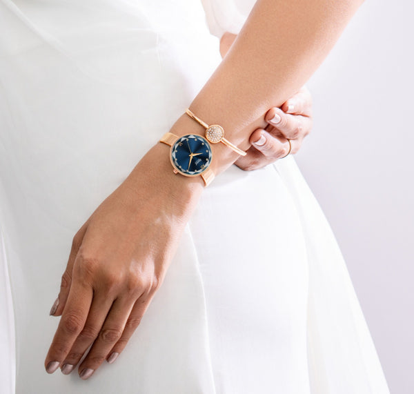 Ajanta Quartz Rose Gold Women's Watch with Blue Dial & Matching Bracelet  — Crystal Studded Analog Wrist Watch| AWC126ESL/1