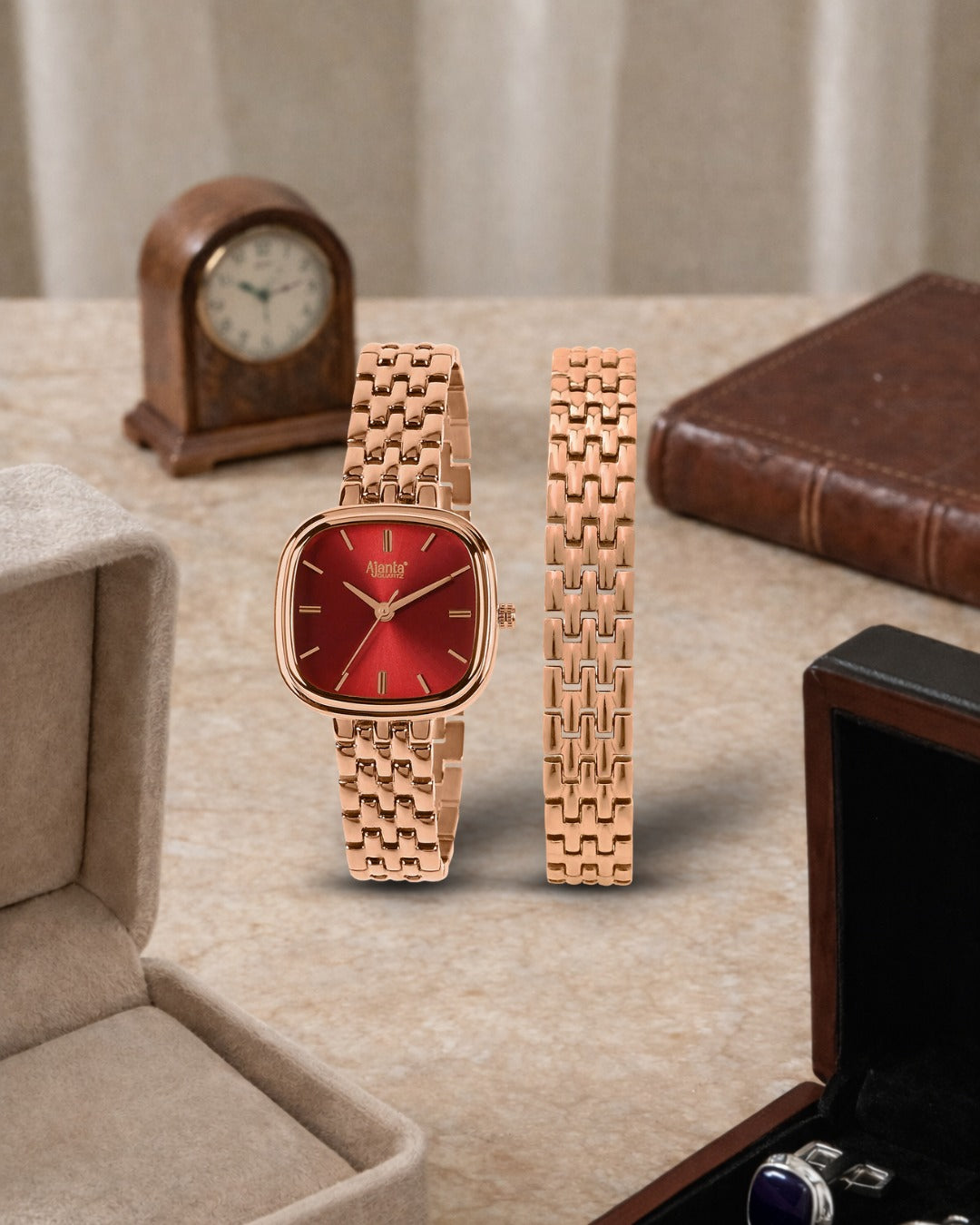 Starlé Maroon Dial Rose Gold-Tone Bracelet Set