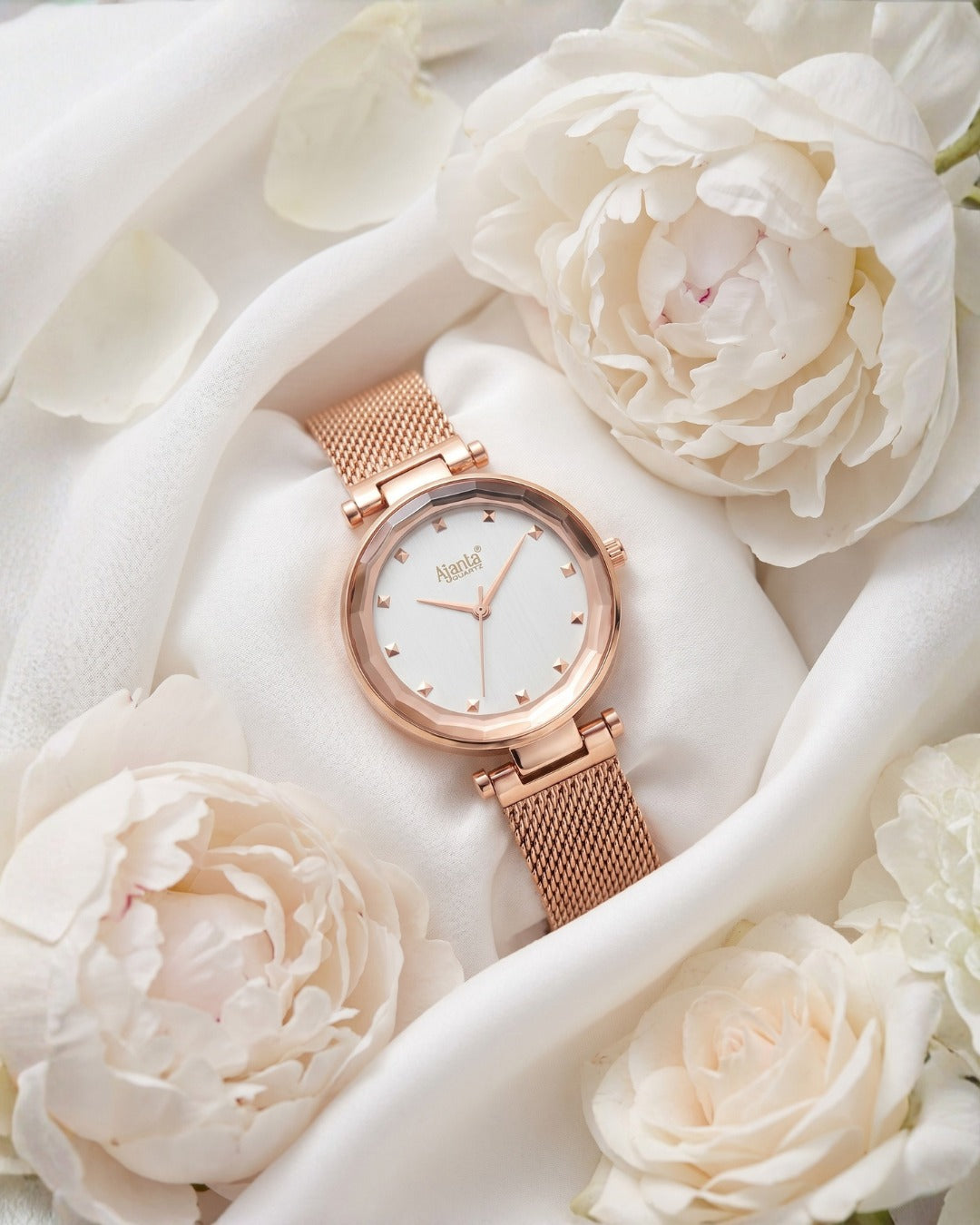 Flaire Silver Dial Rose Gold-Tone Mesh Bracelet
