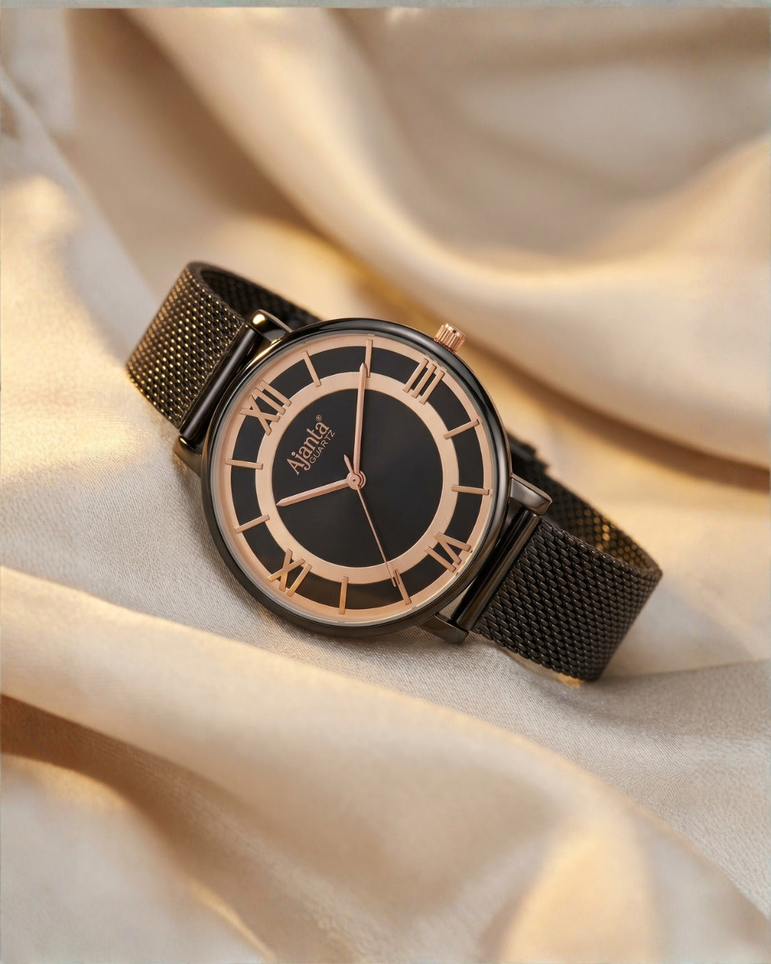 Calyse Gray Dial Black & Rose Gold-Tone Mesh Bracelet
