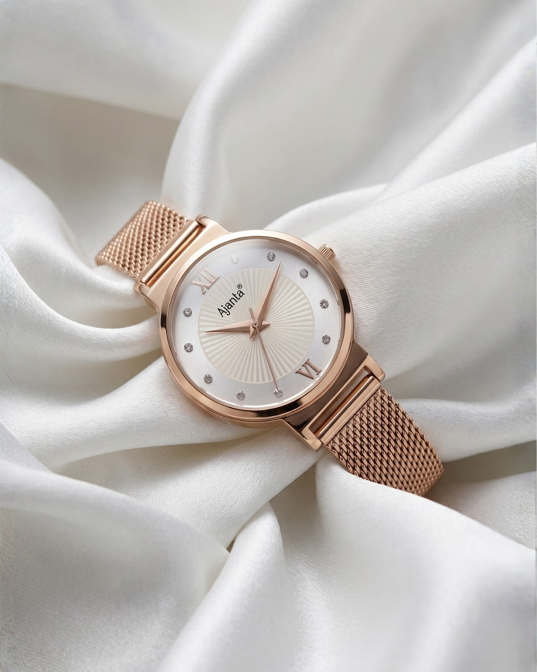 Dazzora Silver Dial Rose Gold-Tone Mesh Bracelet