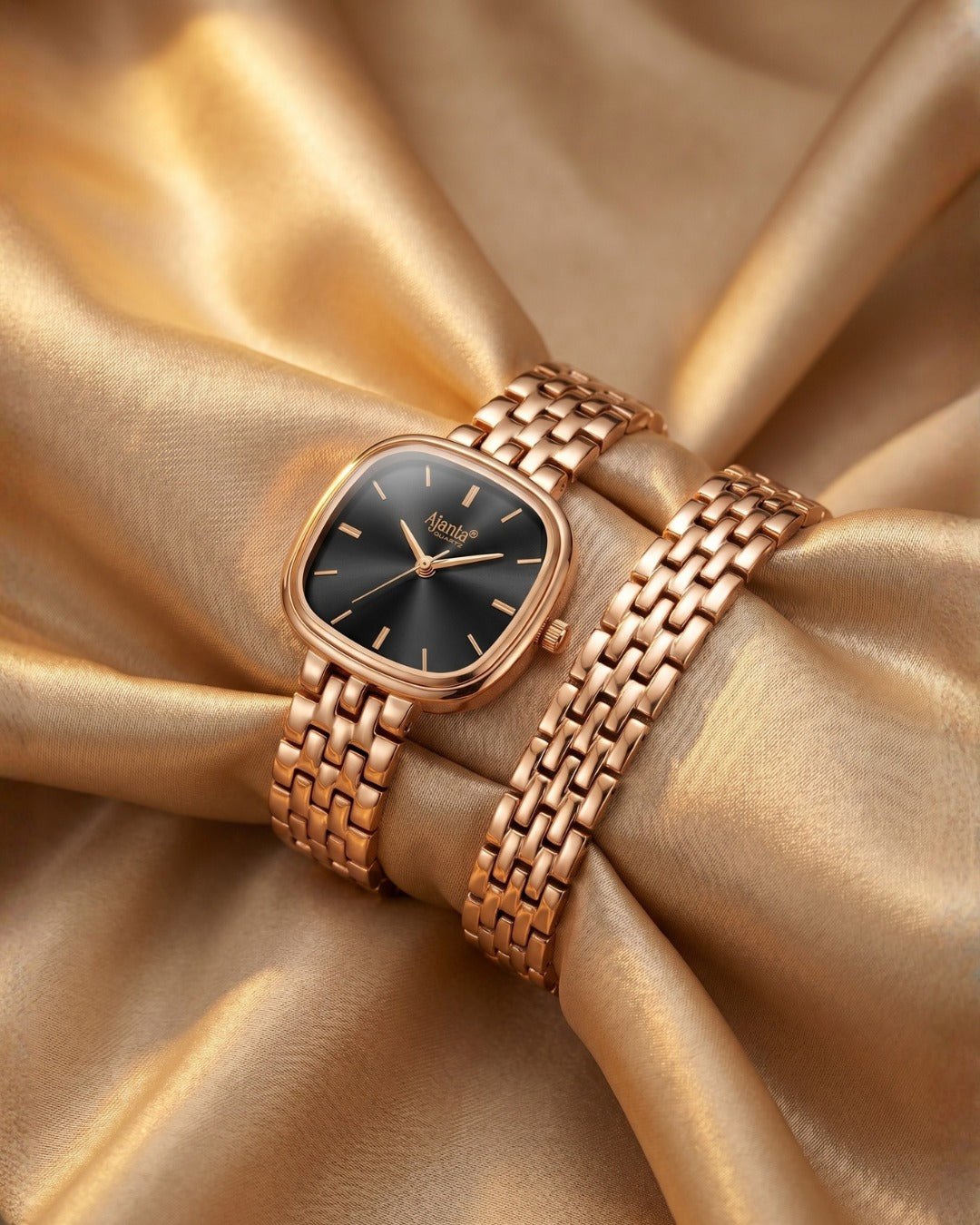 Starlé Black Dial Rose Gold-Tone Bracelet Set