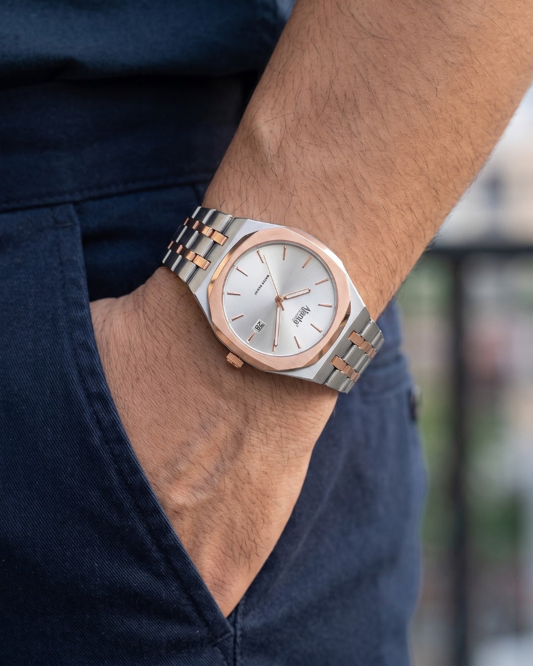 Vertex Two Tone  Silver Dial Stainless Steel Date Display Watch for Men