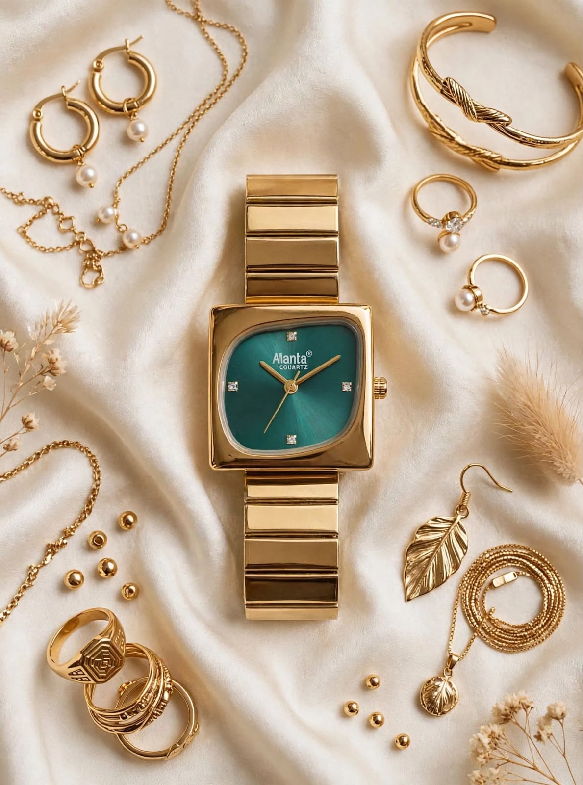 Calista Women's Green Cushion Dial Gold-Tone Stainless Steel Watch