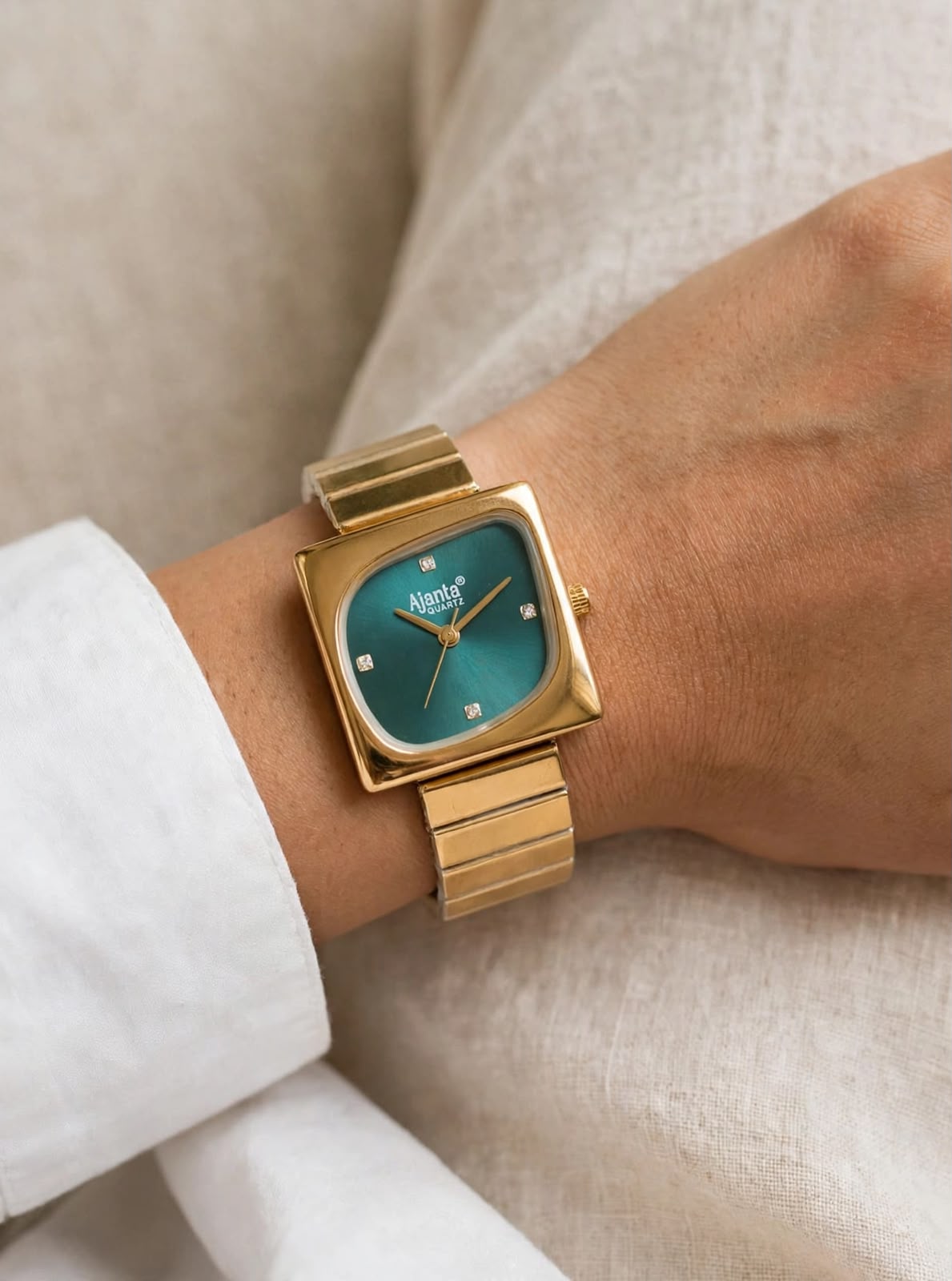 Calista Women's Green Cushion Dial Gold-Tone Stainless Steel Watch