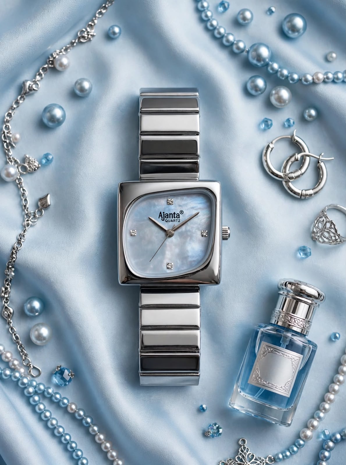 Calista Women's Light Blue Cushion Dial Silver Tone Stainless Steel Watch