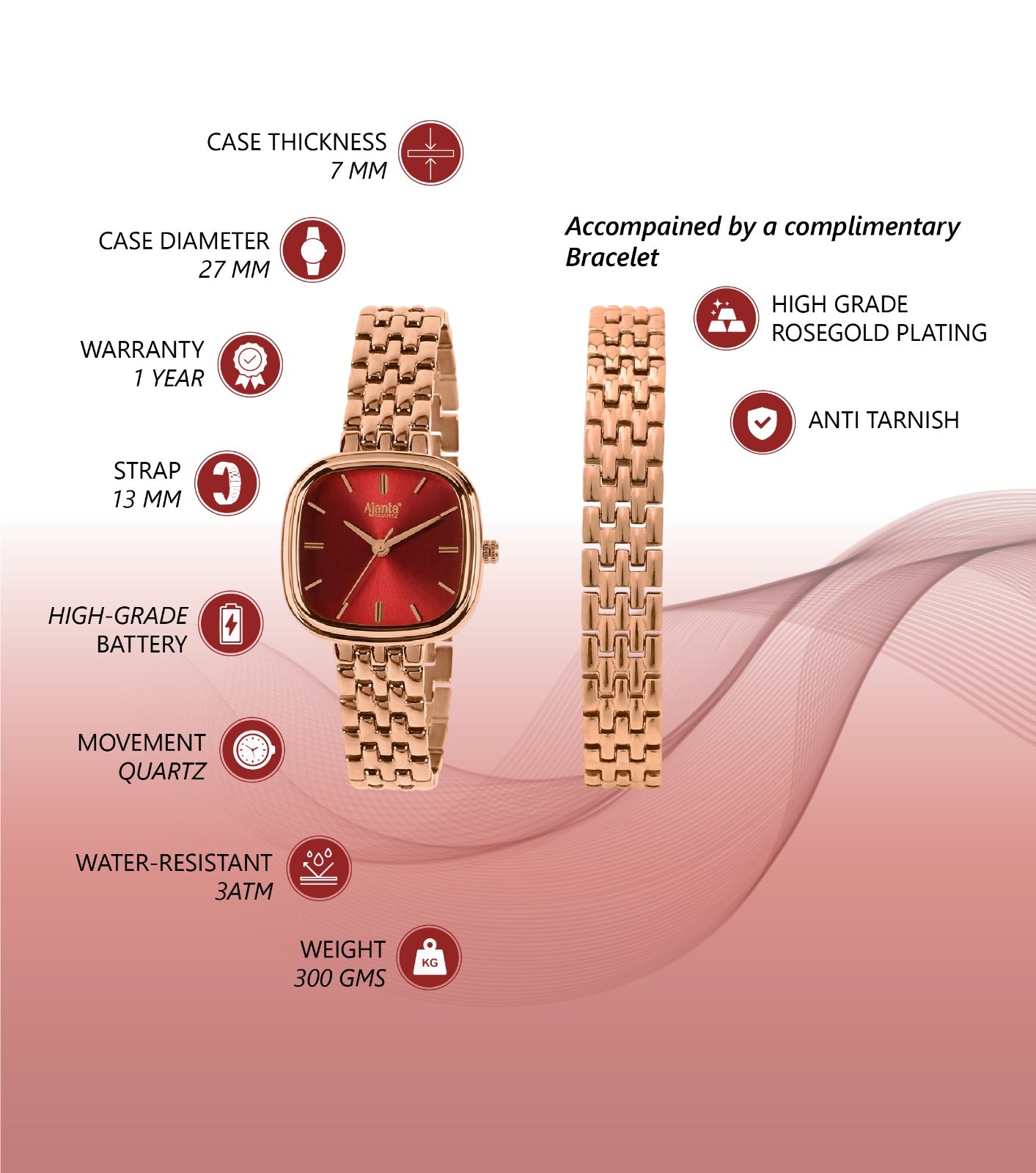 Ajanta Elegant Rose Gold Women's Square Dial Watch| AWC127ESL/5