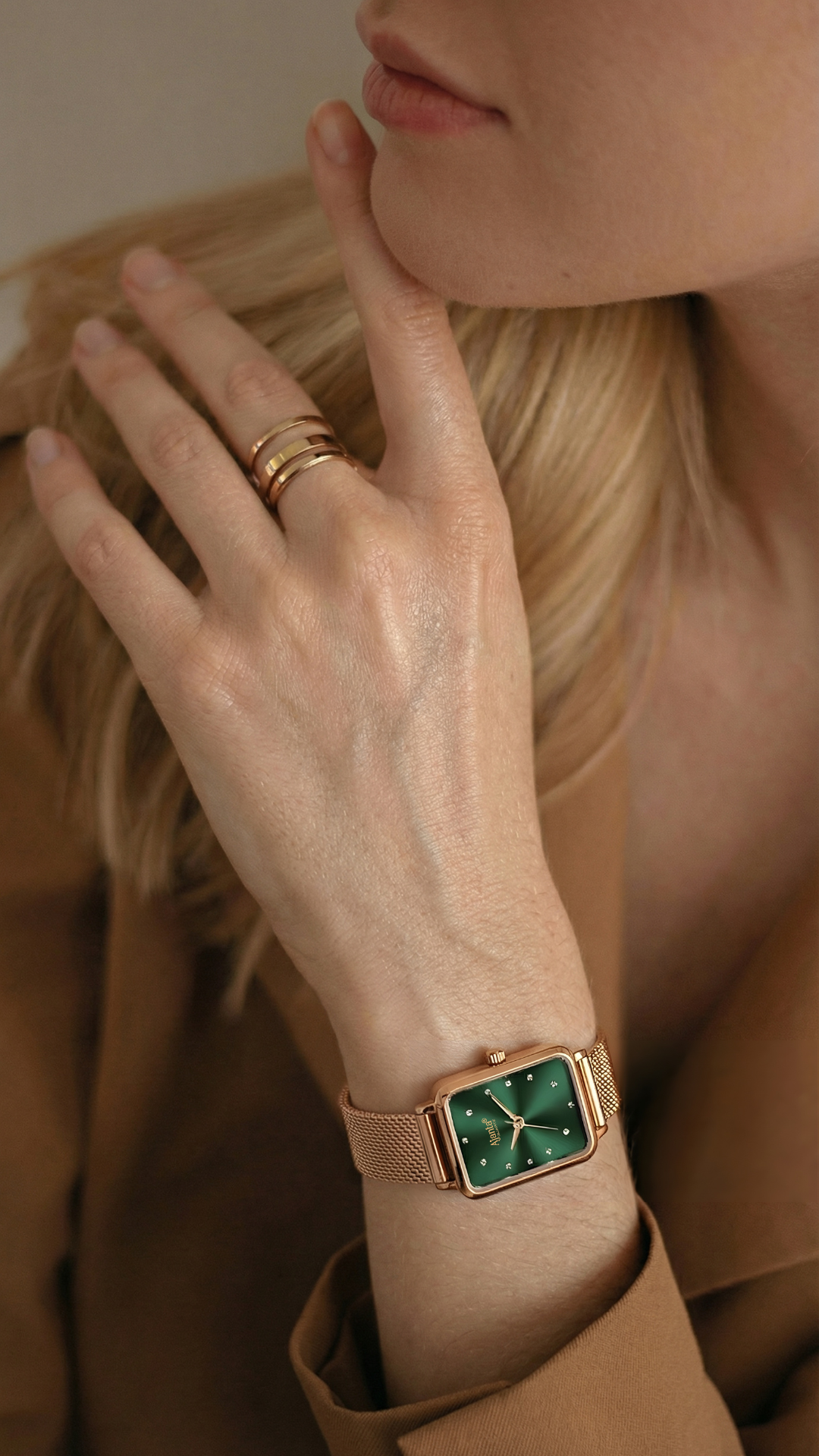 Ajanta Rose Gold Women's Square Analog Watch  — Premium Green Dial Stylish Mesh Strap Ladies Wrist Watch| AWC128ESL/3