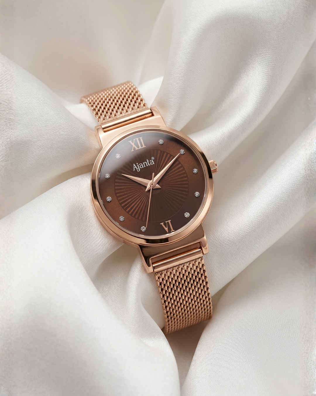 Dazzora Brown Dial Rose Gold-Tone Mesh Bracelet