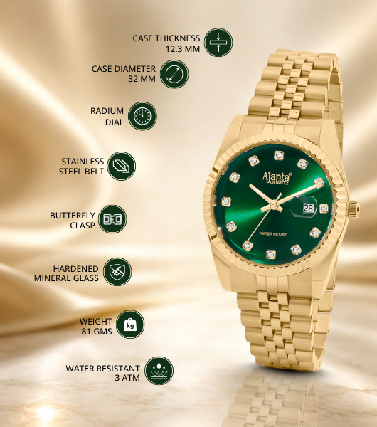 Avenza Gold Tone Green Dial Stainless Steel Day-Date Watch