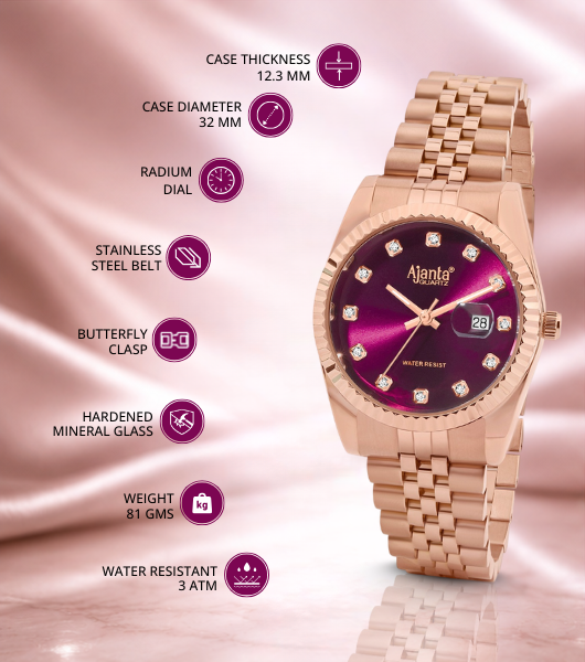 Avenza Rose gold Wine Purple Dial Stainless Steel Day-Date Watch