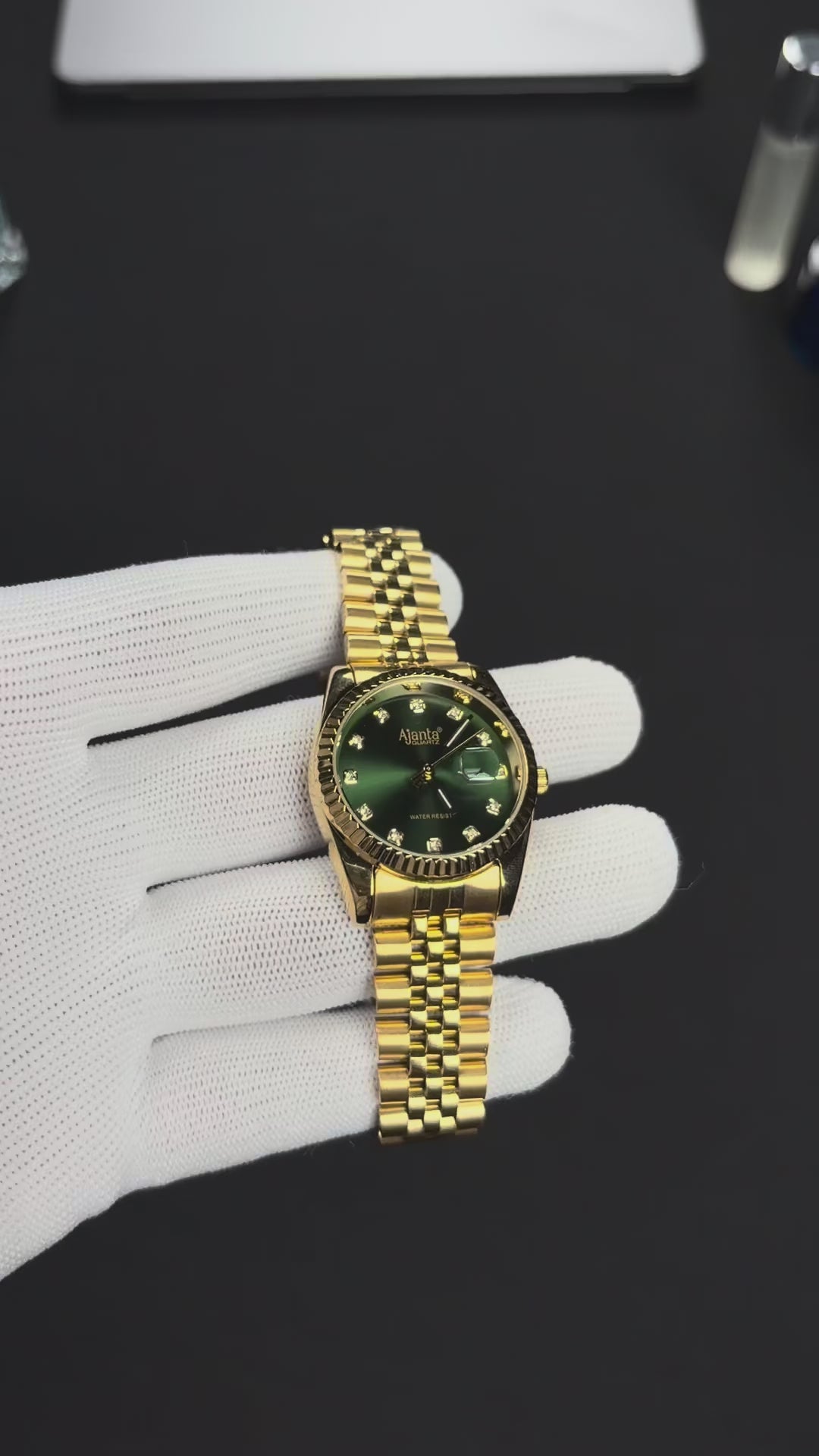Avenza Gold Tone Green Dial Stainless Steel Day-Date Watch
