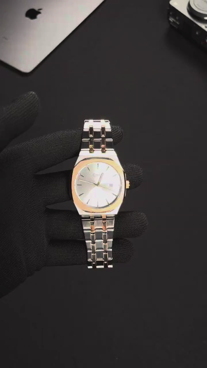 Vertex Two Tone Silver Dial Stainless Steel Date Display Watch for Men