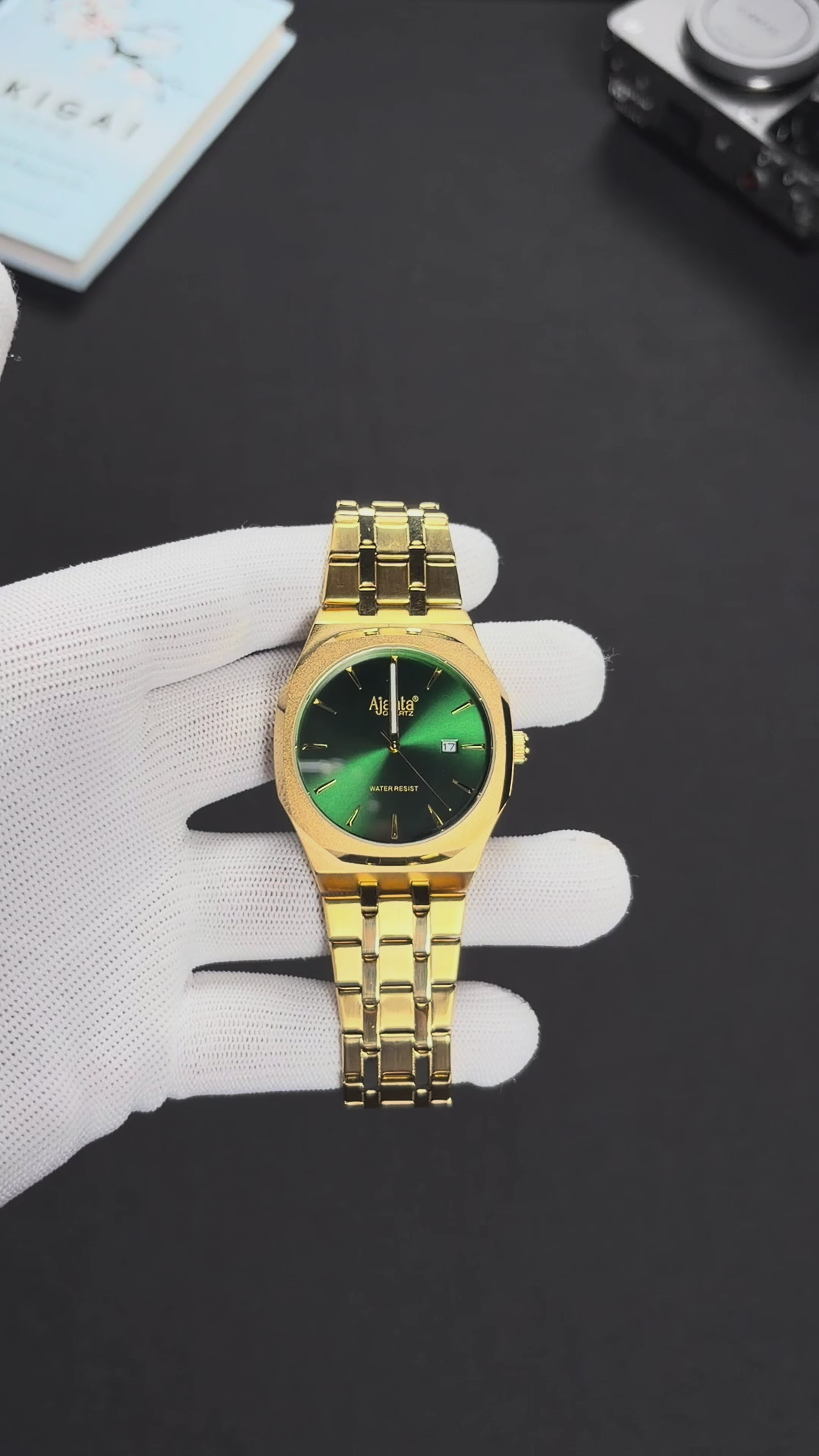 Vertex Gold Green Dial Stainless Steel Date Display Watch for Men