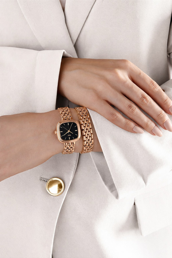 Ajanta Quartz Rose Gold Women's Analog Watch  — Black Dial, Premium Metal Bracelet Strap, Elegant Square Design Wrist Watch  | AWC127ESL/2